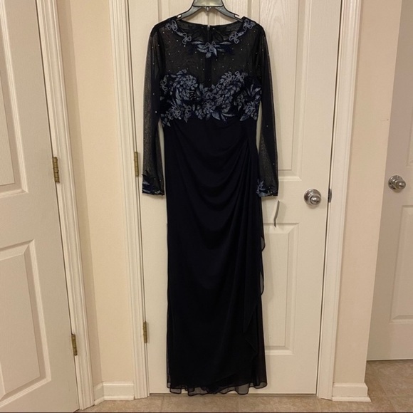 XSCAPE Lace Embroidered Sheer Long Sleeve Gown in Navy Blue - Picture 4 of 11